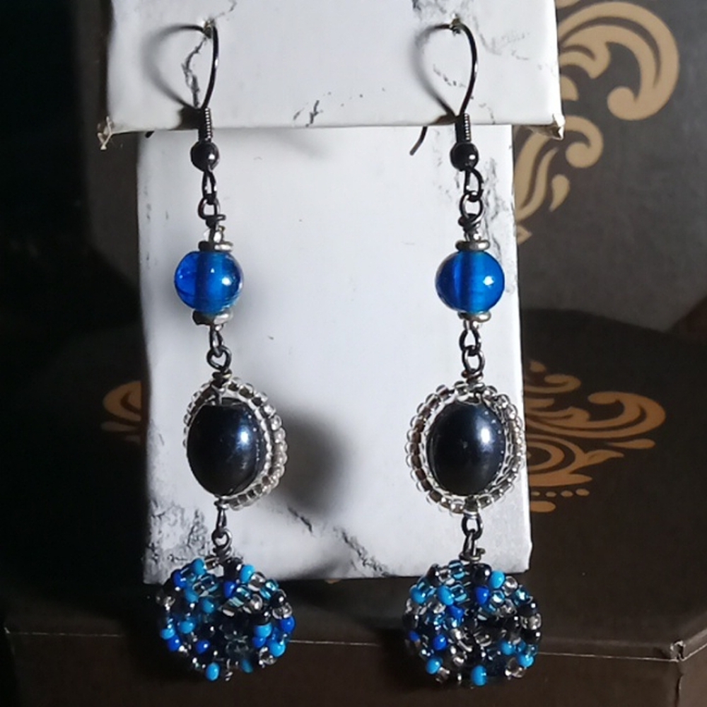 Artisan Blue & Black Drop Dangle Earrings